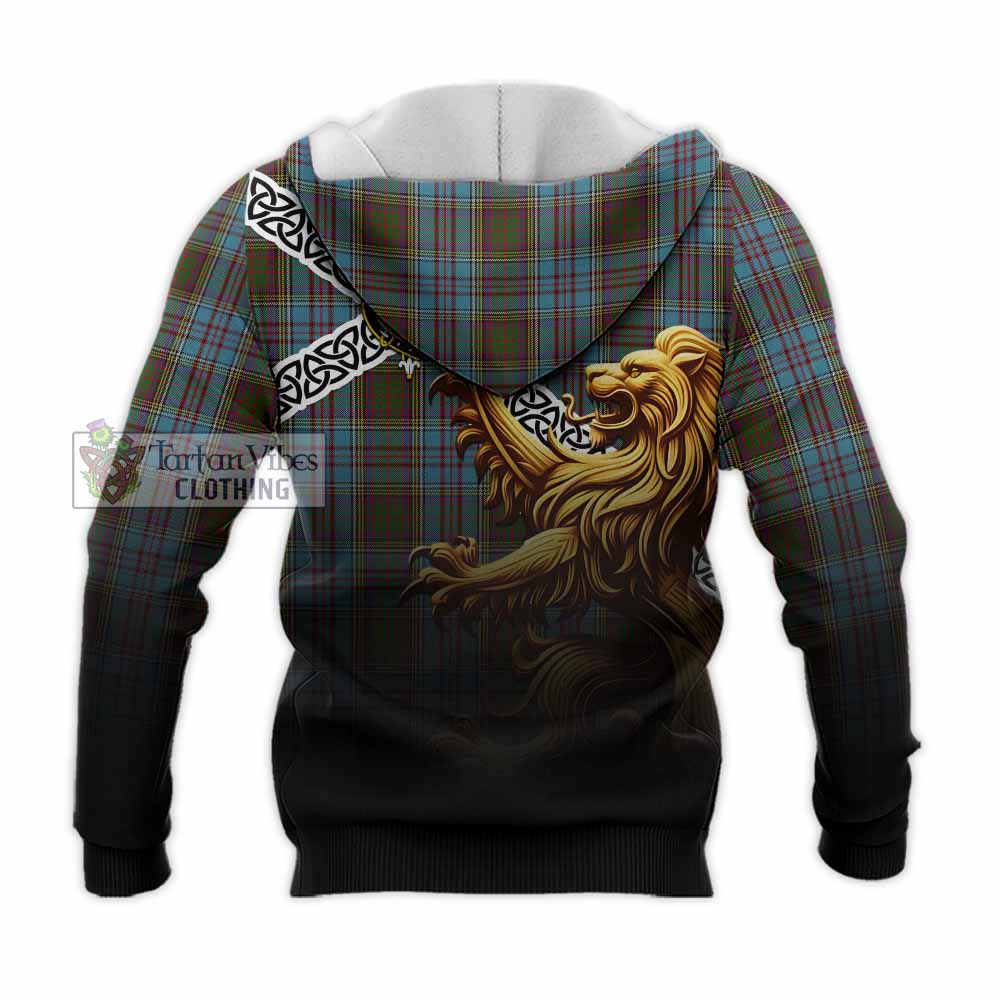 Tartan Vibes Clothing Anderson Crest Tartan Knitted Hoodie with Golden Lion Emblem Celtic Style