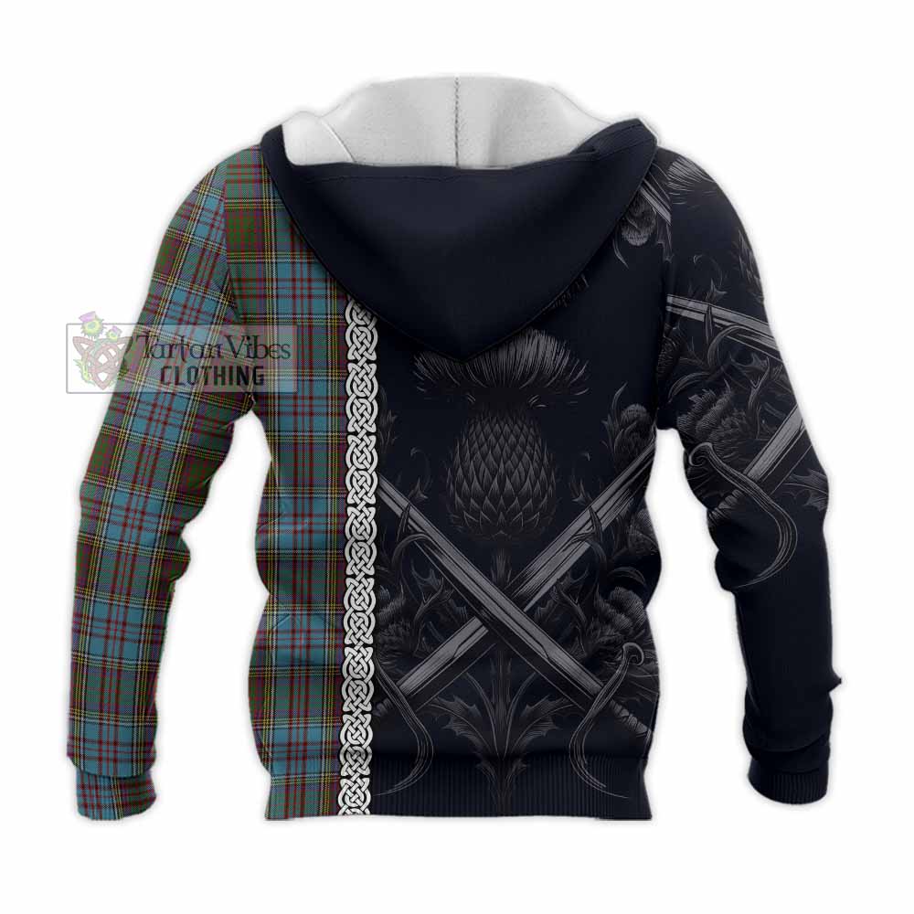 Tartan Vibes Clothing Anderson Tartan Knitted Hoodie with Family Crest Cross Sword Thistle Celtic Vibes