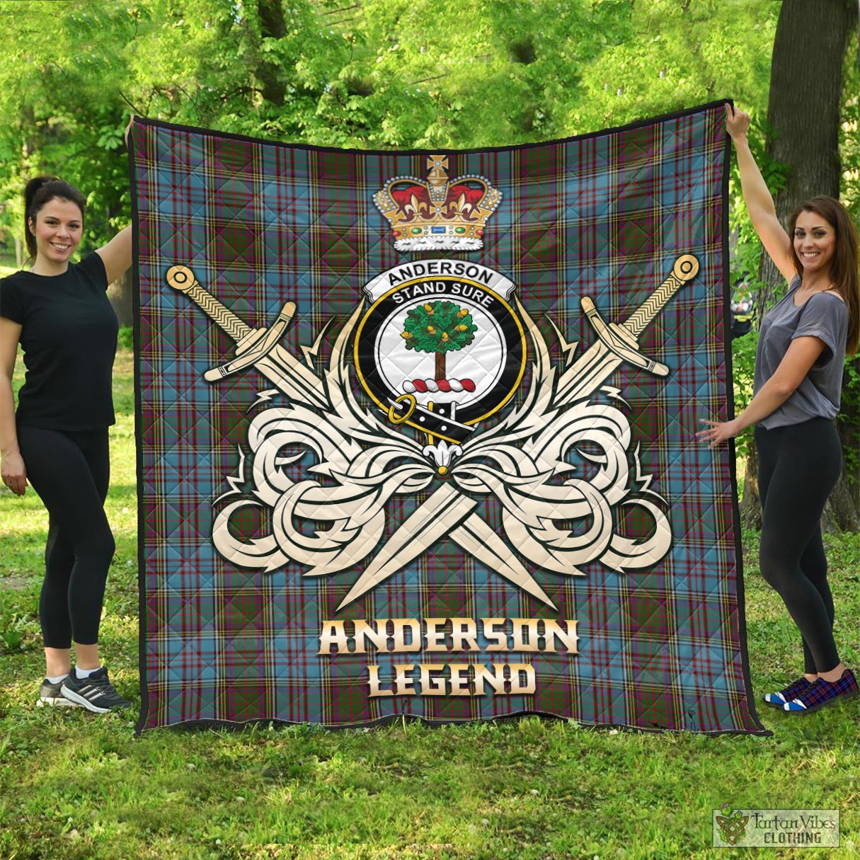 Tartan Vibes Clothing Anderson Tartan Quilt with Clan Crest and the Golden Sword of Courageous Legacy