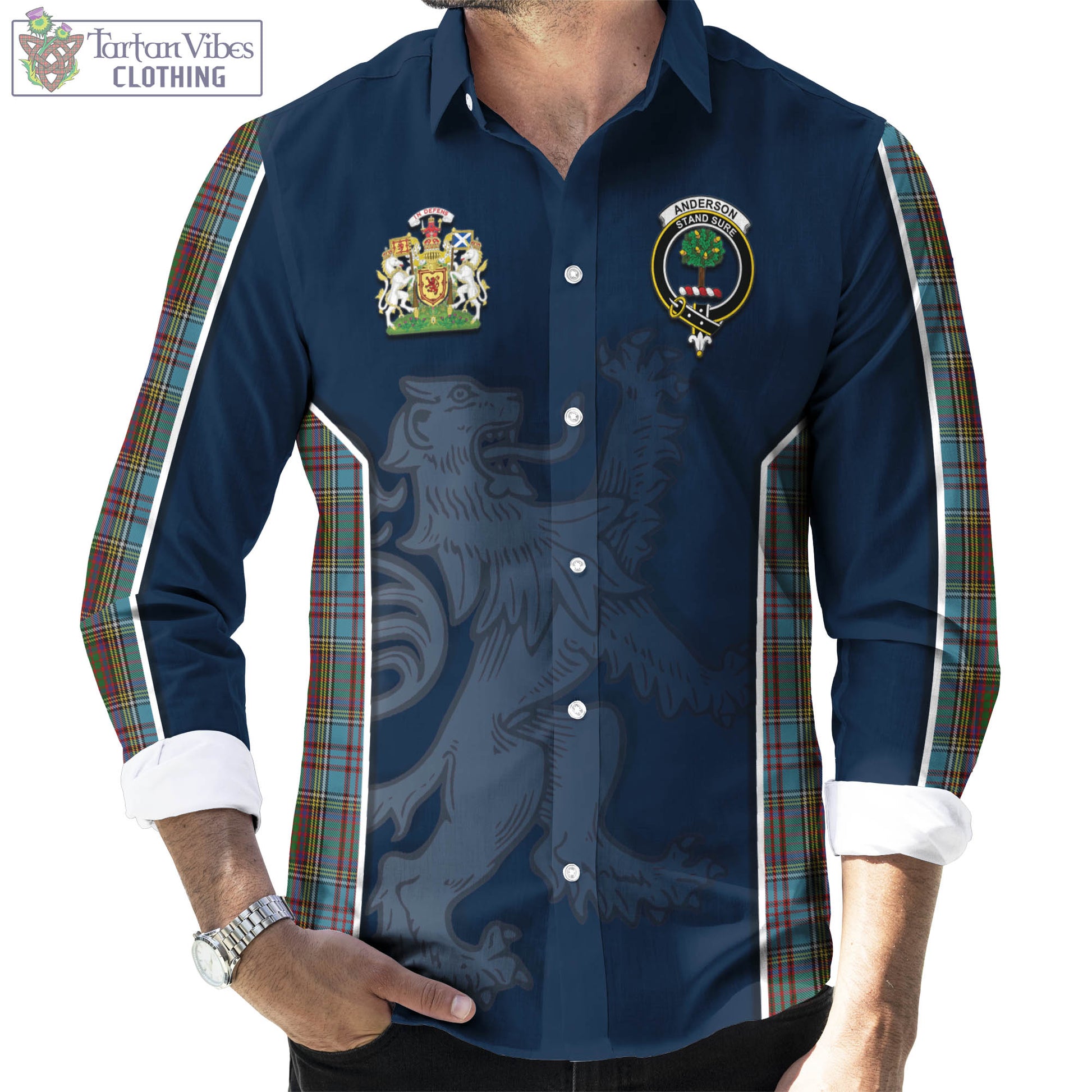 Tartan Vibes Clothing Anderson Tartan Long Sleeve Button Up Shirt with Family Crest and Lion Rampant Vibes Sport Style