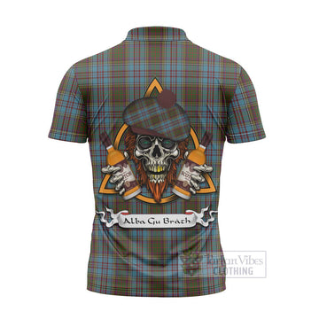 Anderson Tartan Zipper Polo Shirt with Family Crest and Bearded Skull Holding Bottles of Whiskey