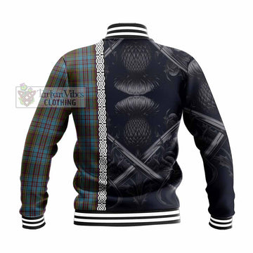 Anderson Tartan Baseball Jacket with Family Crest Cross Sword Thistle Celtic Vibes