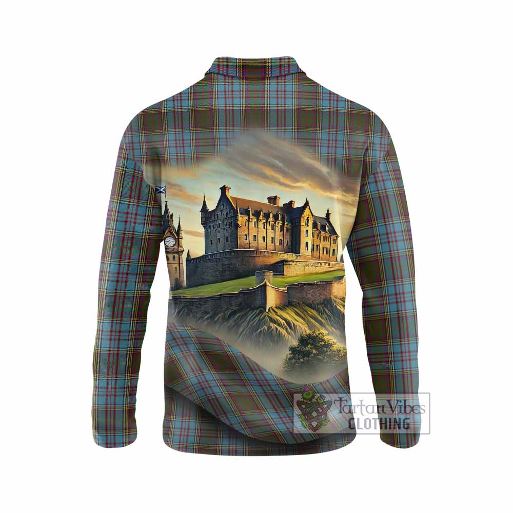 Tartan Vibes Clothing Anderson Tartan Family Crest Long Sleeve Polo Shirt with Scottish Ancient Castle Style