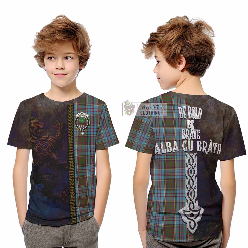 Tartan Vibes Clothing Anderson Tartan Family Crest Kid T-Shirt Alba Gu Brath Be Brave Lion Ancient Style