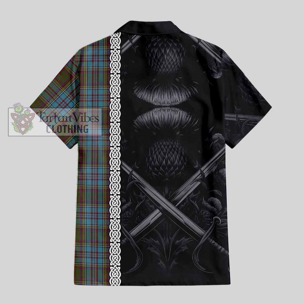 Tartan Vibes Clothing Anderson Tartan Short Sleeve Button Shirt with Family Crest Cross Sword Thistle Celtic Vibes