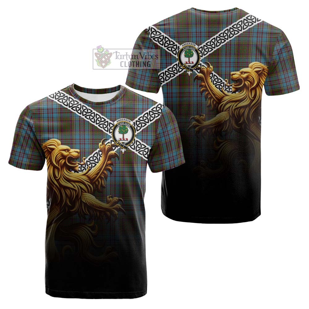 Tartan Vibes Clothing Anderson Crest Tartan Cotton T-shirt with Golden Lion Emblem Celtic Style