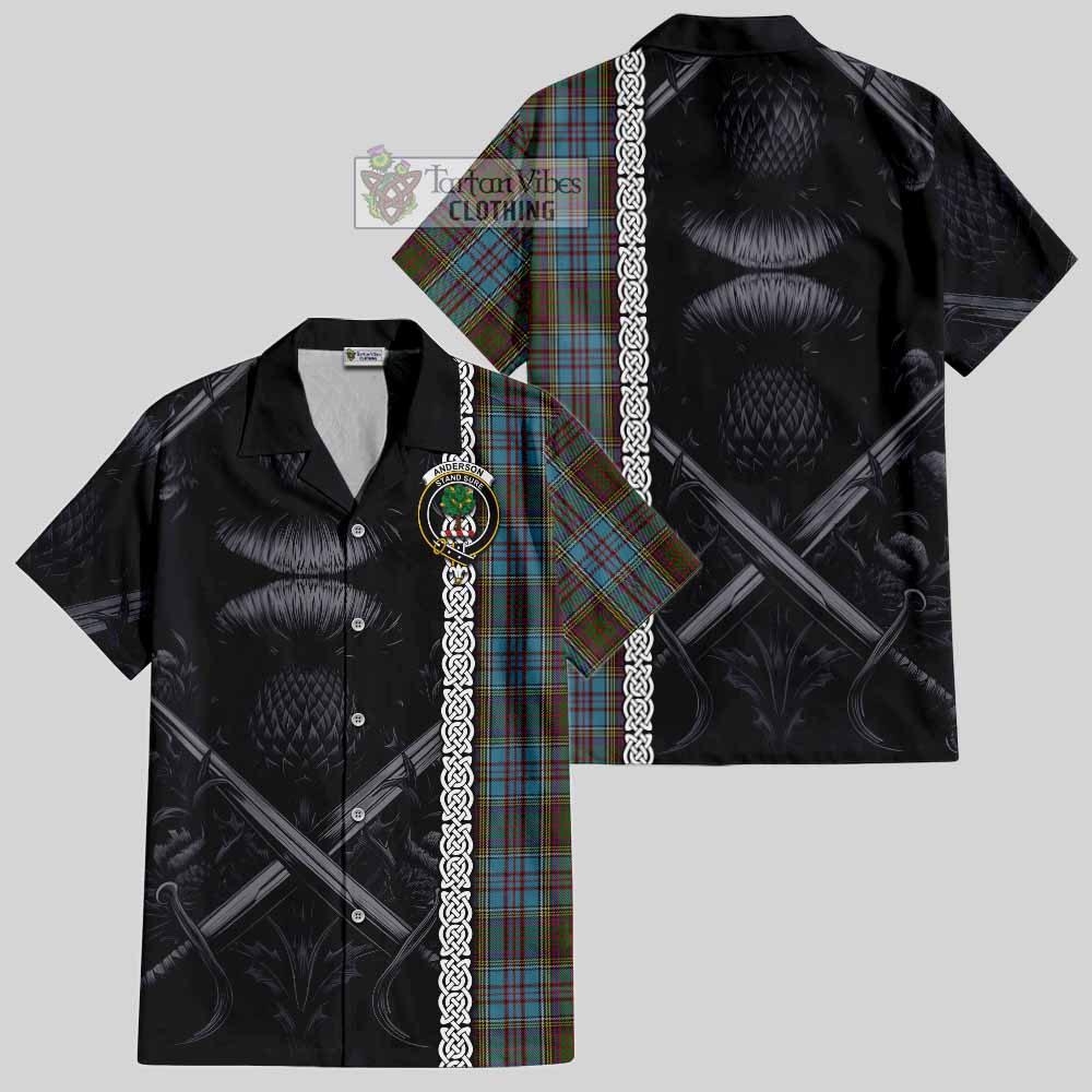 Tartan Vibes Clothing Anderson Tartan Short Sleeve Button Shirt with Family Crest Cross Sword Thistle Celtic Vibes