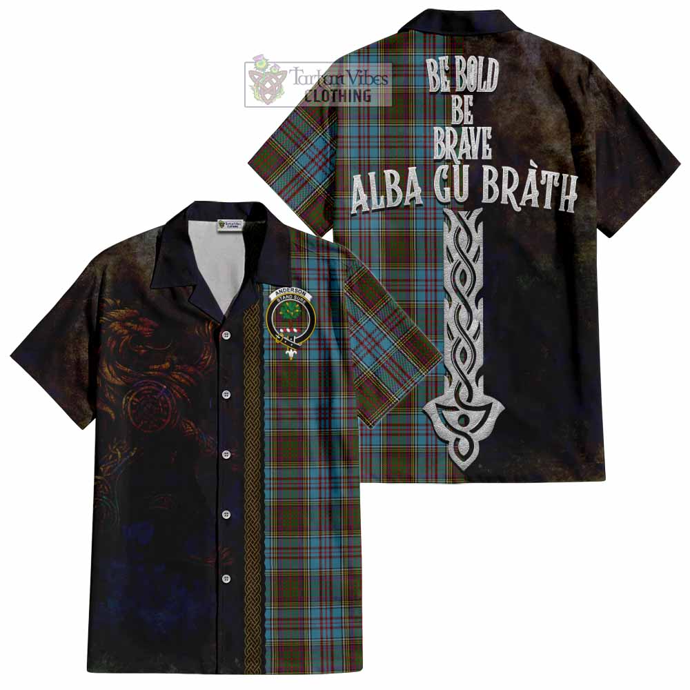 Tartan Vibes Clothing Anderson Tartan Family Crest Short Sleeve Button Shirt Alba Gu Brath Be Brave Lion Ancient Style