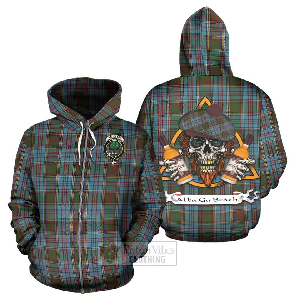 Tartan Vibes Clothing Anderson Tartan Hoodie with Family Crest and Bearded Skull Holding Bottles of Whiskey
