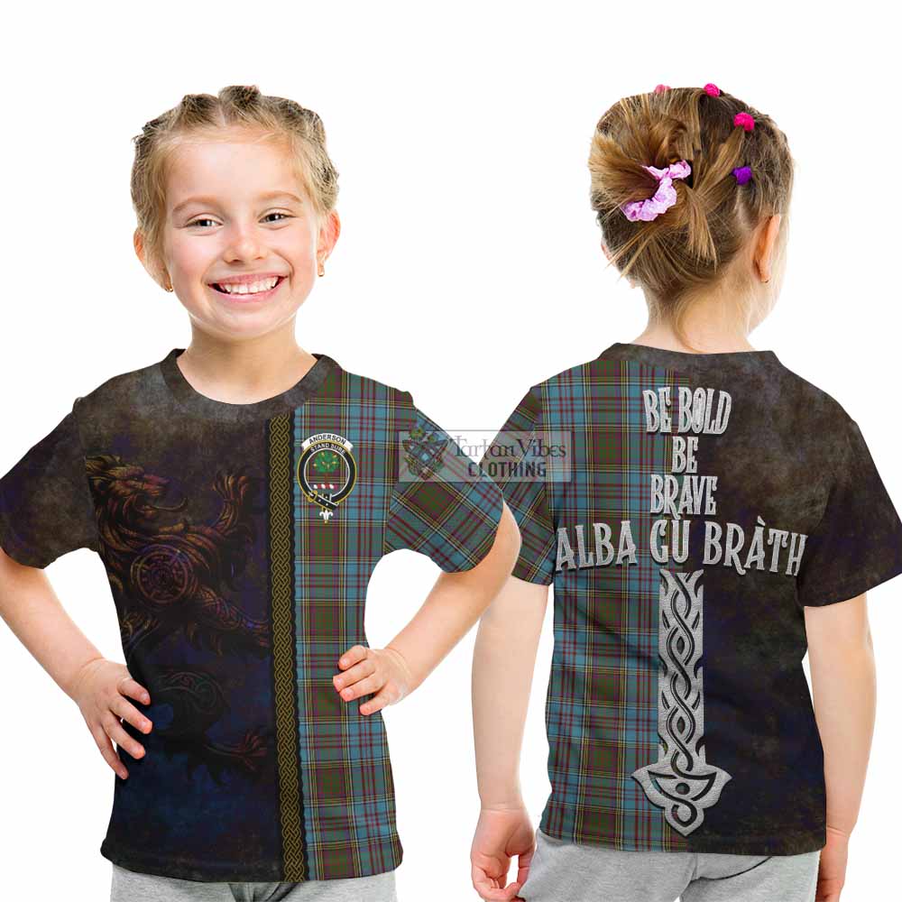 Tartan Vibes Clothing Anderson Tartan Family Crest Kid T-Shirt Alba Gu Brath Be Brave Lion Ancient Style