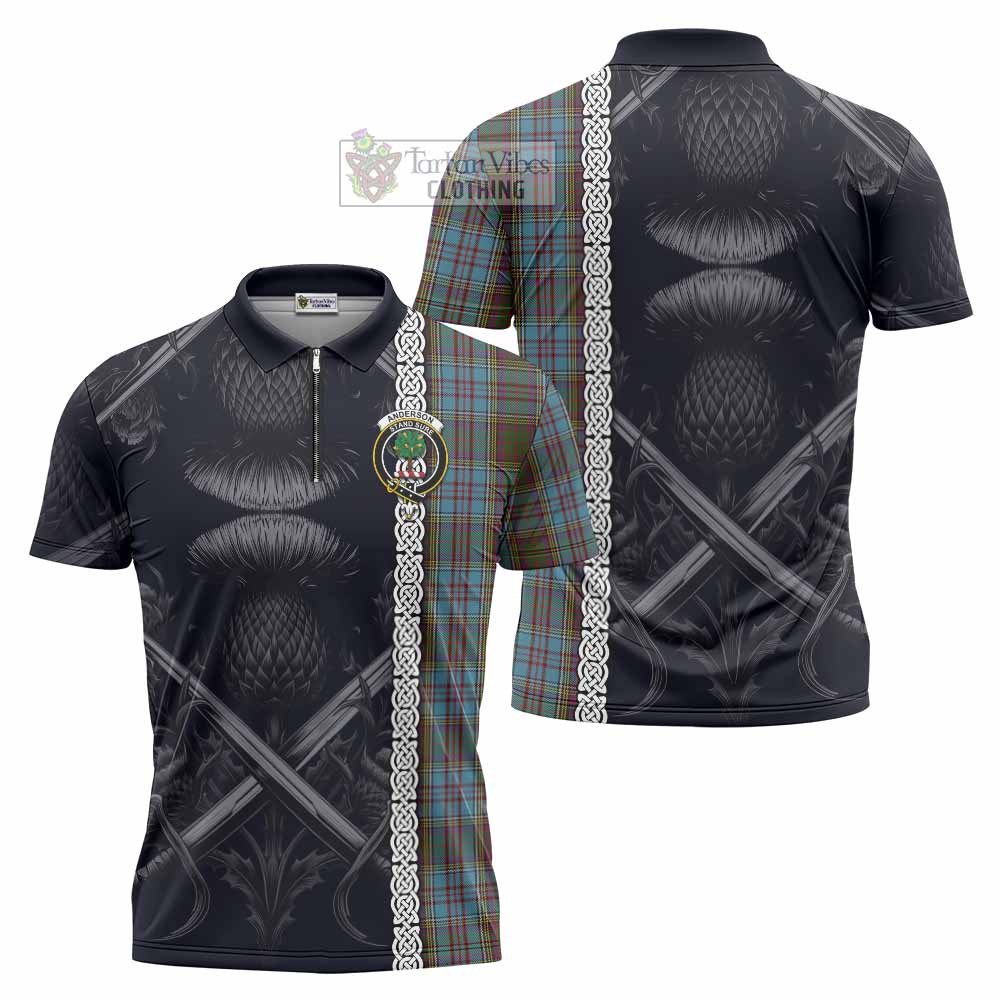 Tartan Vibes Clothing Anderson Tartan Zipper Polo Shirt with Family Crest Cross Sword Thistle Celtic Vibes