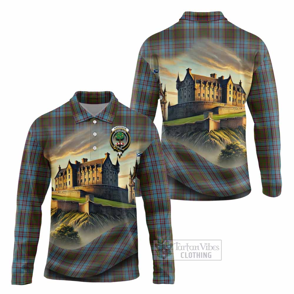 Tartan Vibes Clothing Anderson Tartan Family Crest Long Sleeve Polo Shirt with Scottish Ancient Castle Style