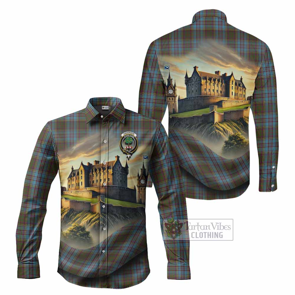 Tartan Vibes Clothing Anderson Tartan Family Crest Long Sleeve Button Shirt with Scottish Ancient Castle Style