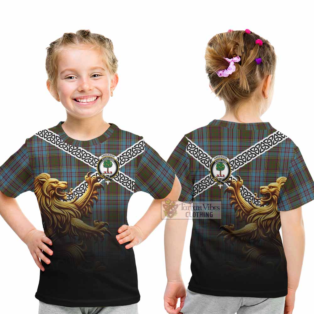 Tartan Vibes Clothing Anderson Crest Tartan Kid T-Shirt with Golden Lion Emblem Celtic Style