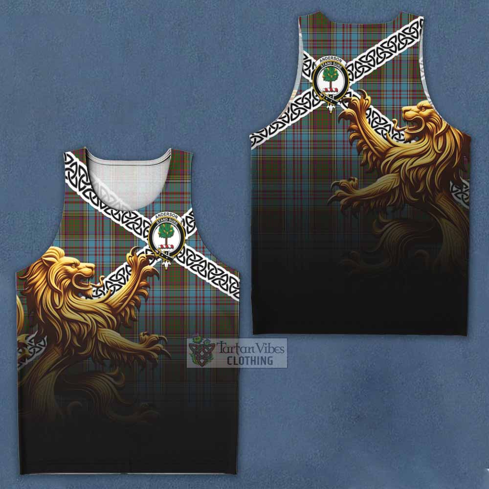 Tartan Vibes Clothing Anderson Crest Tartan Men's Tank Top with Golden Lion Emblem Celtic Style