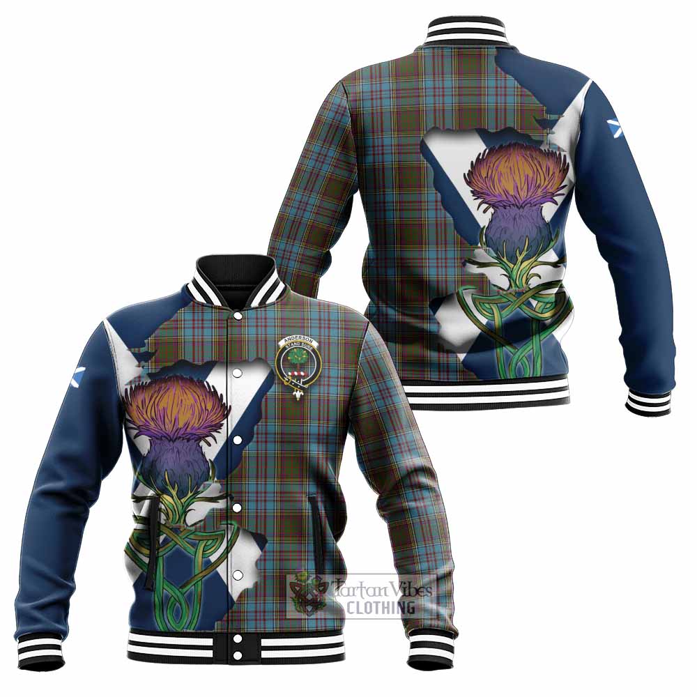 Tartan Vibes Clothing Anderson Tartan Family Crest Baseball Jacket Scottish Thistle Celtic Inspired