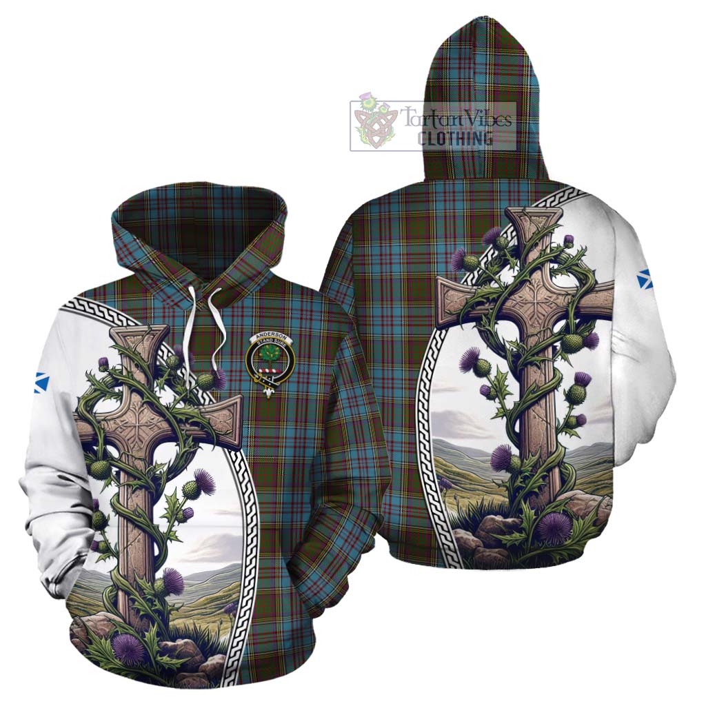 Tartan Vibes Clothing Anderson Tartan Cotton Hoodie with Family Crest and St. Andrew's Cross Accented by Thistle Vines