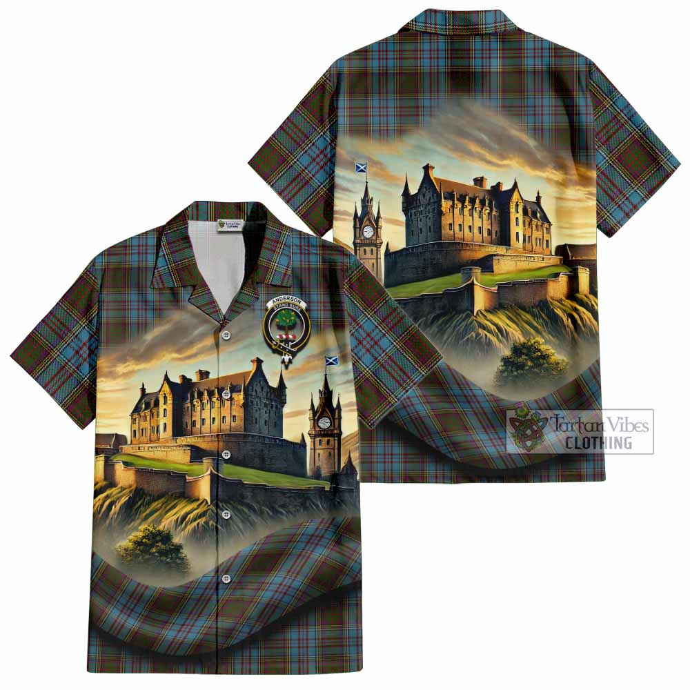 Tartan Vibes Clothing Anderson Tartan Family Crest Short Sleeve Button Shirt with Scottish Ancient Castle Style