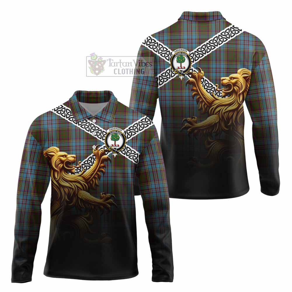 Anderson Crest Tartan Long Sleeve Polo Shirt with Golden Lion Emblem Celtic Style - Tartan Vibes Clothing