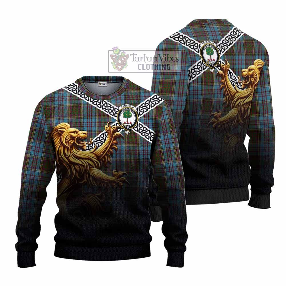 Tartan Vibes Clothing Anderson Crest Tartan Knitted Sweater with Golden Lion Emblem Celtic Style
