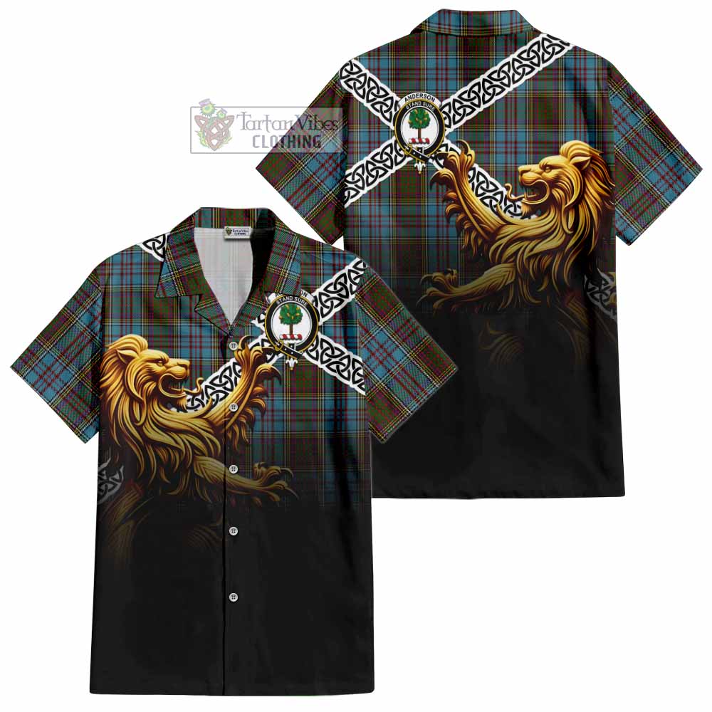 Tartan Vibes Clothing Anderson Crest Tartan Short Sleeve Button Shirt with Golden Lion Emblem Celtic Style