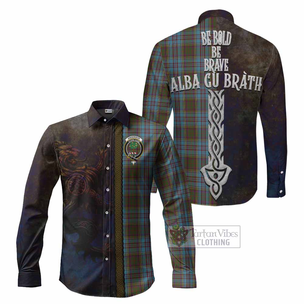 Tartan Vibes Clothing Anderson Tartan Family Crest Long Sleeve Button Shirt Alba Gu Brath Be Brave Lion Ancient Style