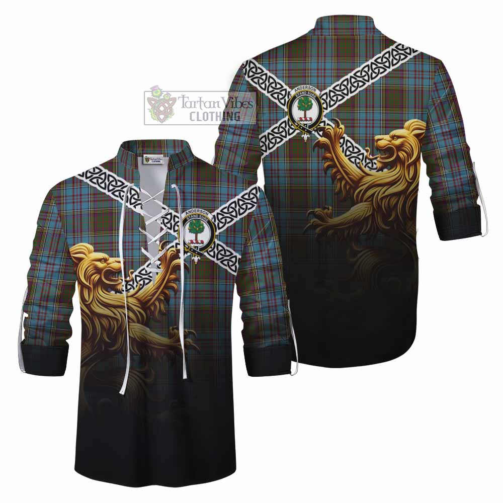 Tartan Vibes Clothing Anderson Crest Tartan Ghillie Kilt Shirt with Golden Lion Emblem Celtic Style