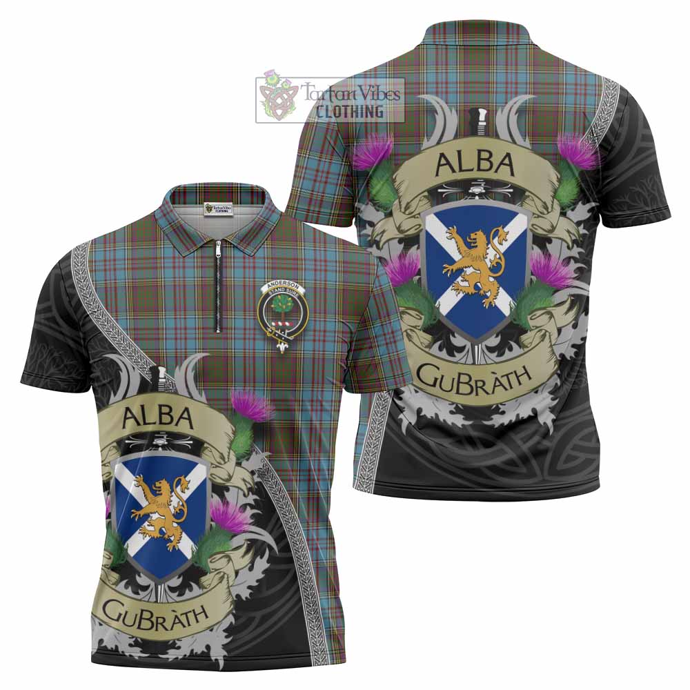 Tartan Vibes Clothing Anderson Tartan Family Crest Zipper Polo Shirt Lion Rampant Royal Thistle Shield Celtic Inspired