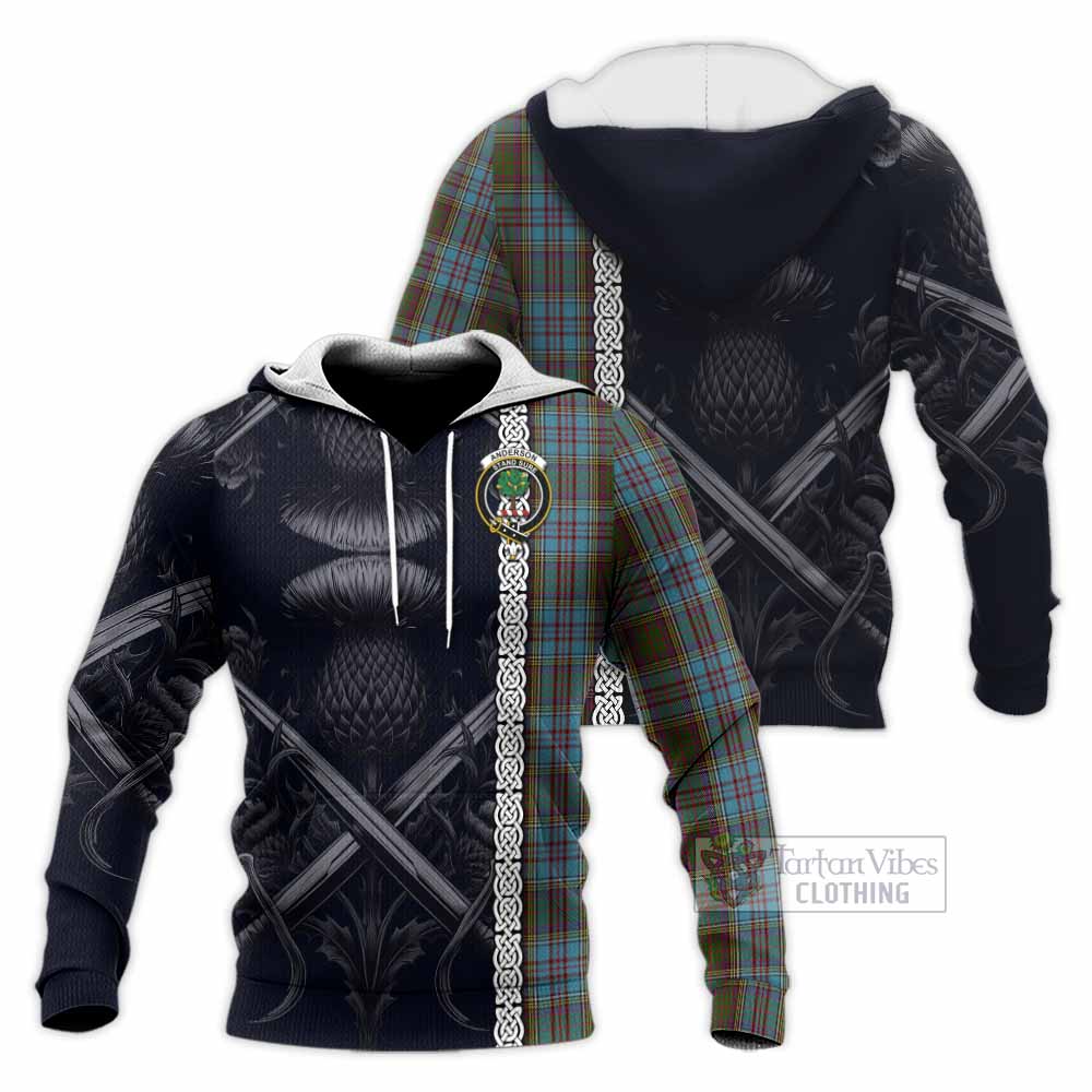 Tartan Vibes Clothing Anderson Tartan Knitted Hoodie with Family Crest Cross Sword Thistle Celtic Vibes