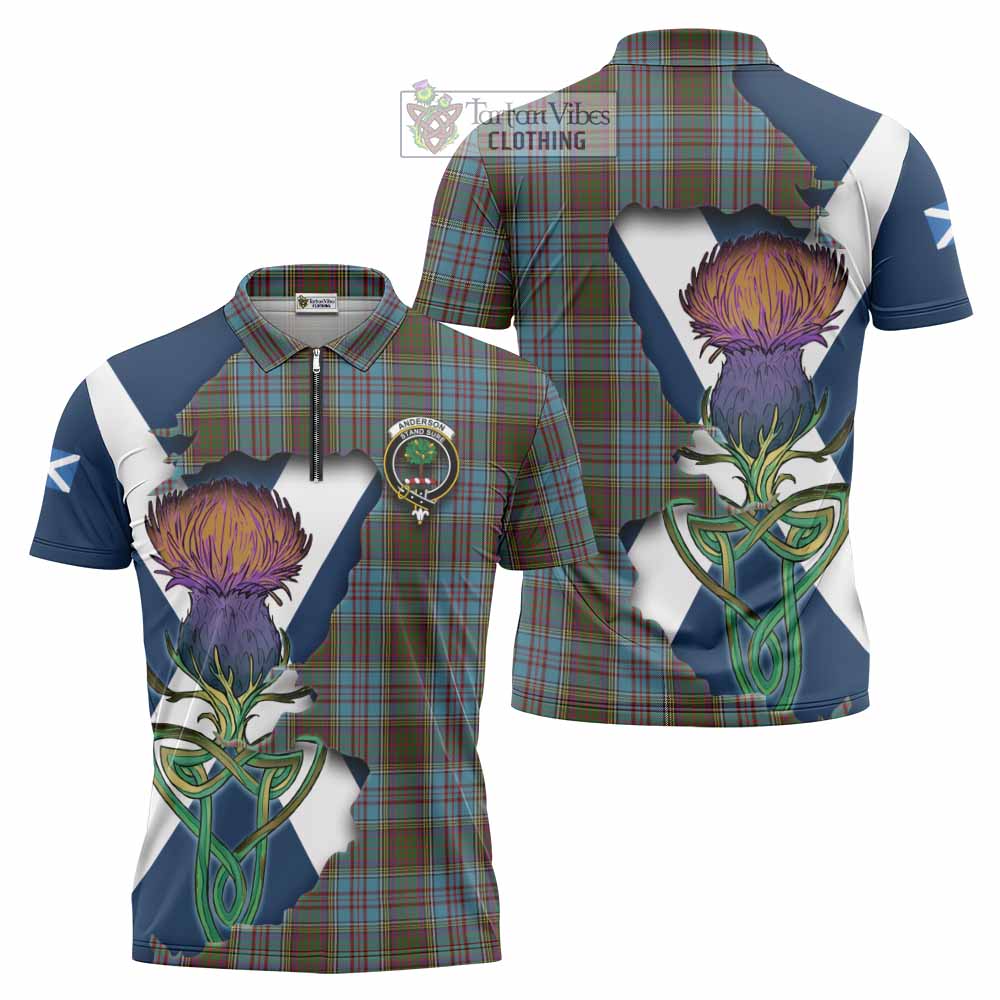 Tartan Vibes Clothing Anderson Tartan Family Crest Zipper Polo Shirt Scottish Thistle Celtic Inspired