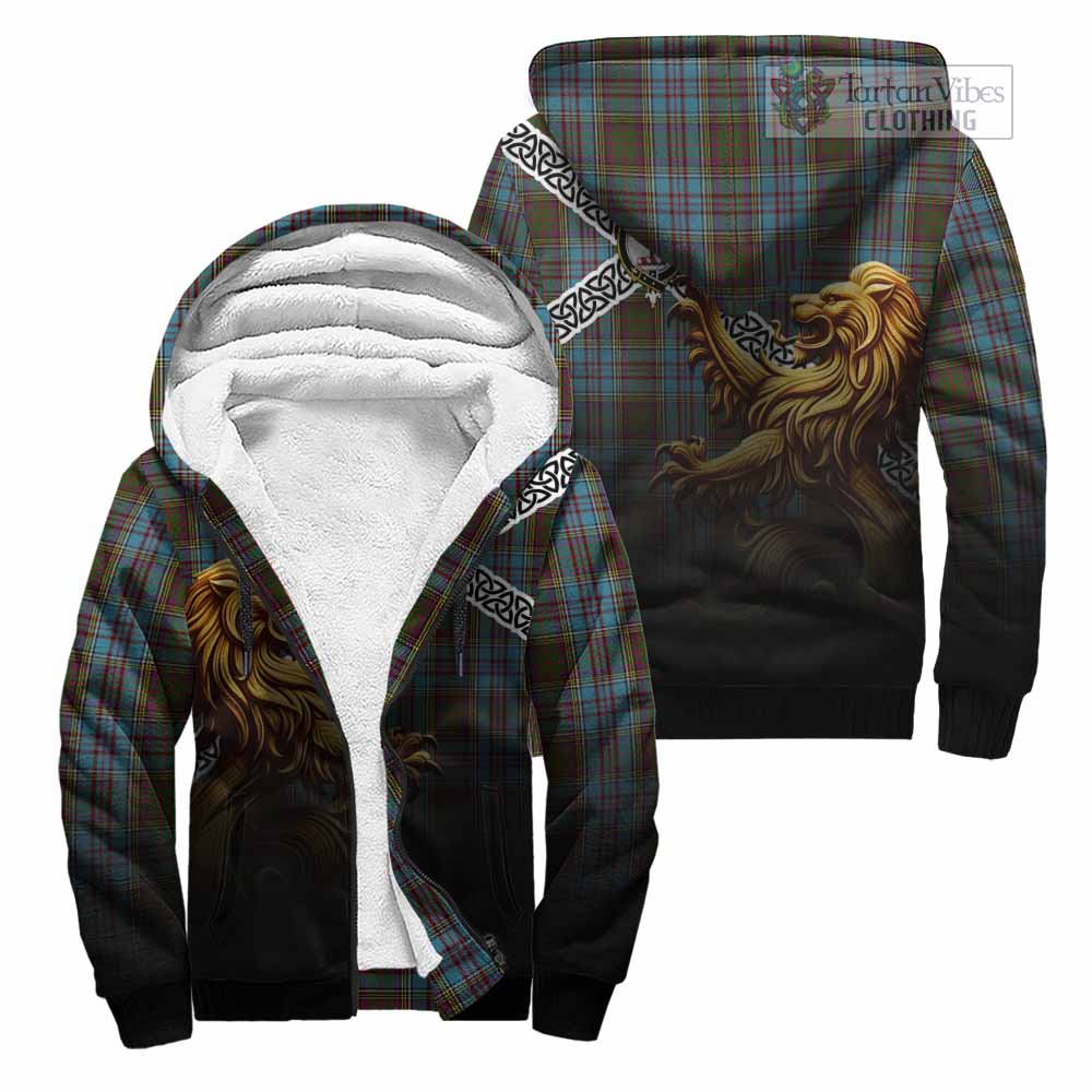 Tartan Vibes Clothing Anderson Crest Tartan Sherpa Hoodie with Golden Lion Emblem Celtic Style