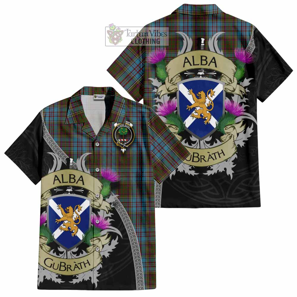 Tartan Vibes Clothing Anderson Tartan Family Crest Short Sleeve Button Shirt Lion Rampant Royal Thistle Shield Celtic Inspired
