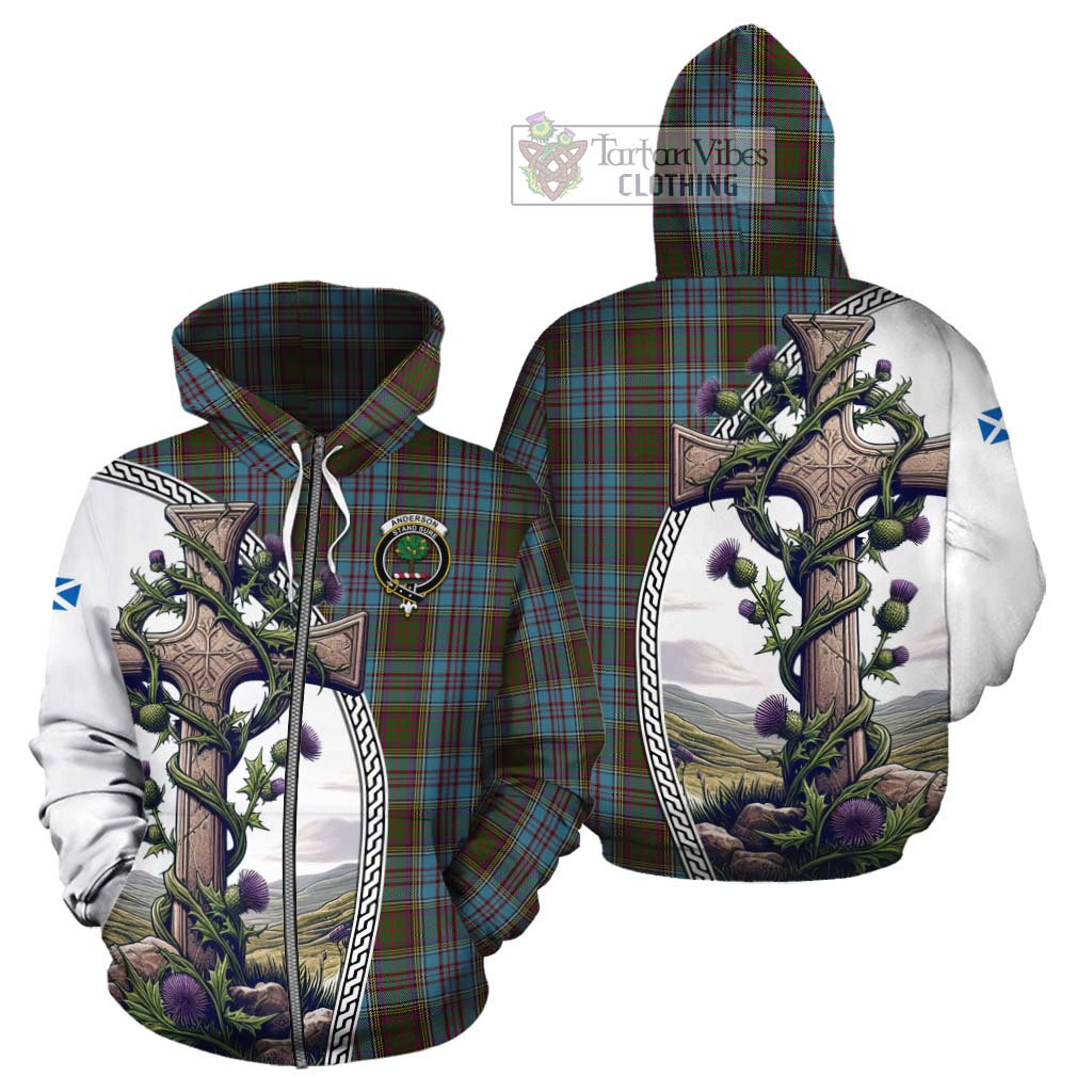 Tartan Vibes Clothing Anderson Tartan Cotton Hoodie with Family Crest and St. Andrew's Cross Accented by Thistle Vines