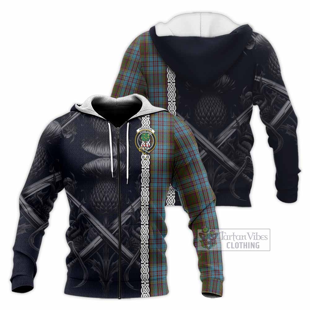 Tartan Vibes Clothing Anderson Tartan Knitted Hoodie with Family Crest Cross Sword Thistle Celtic Vibes