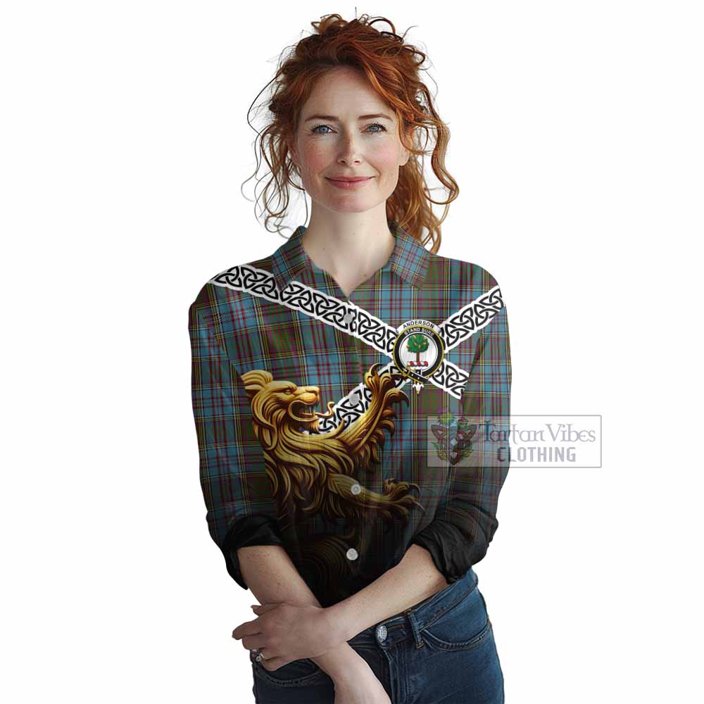 Tartan Vibes Clothing Anderson Crest Tartan Women's Casual Shirt with Golden Lion Emblem Celtic Style