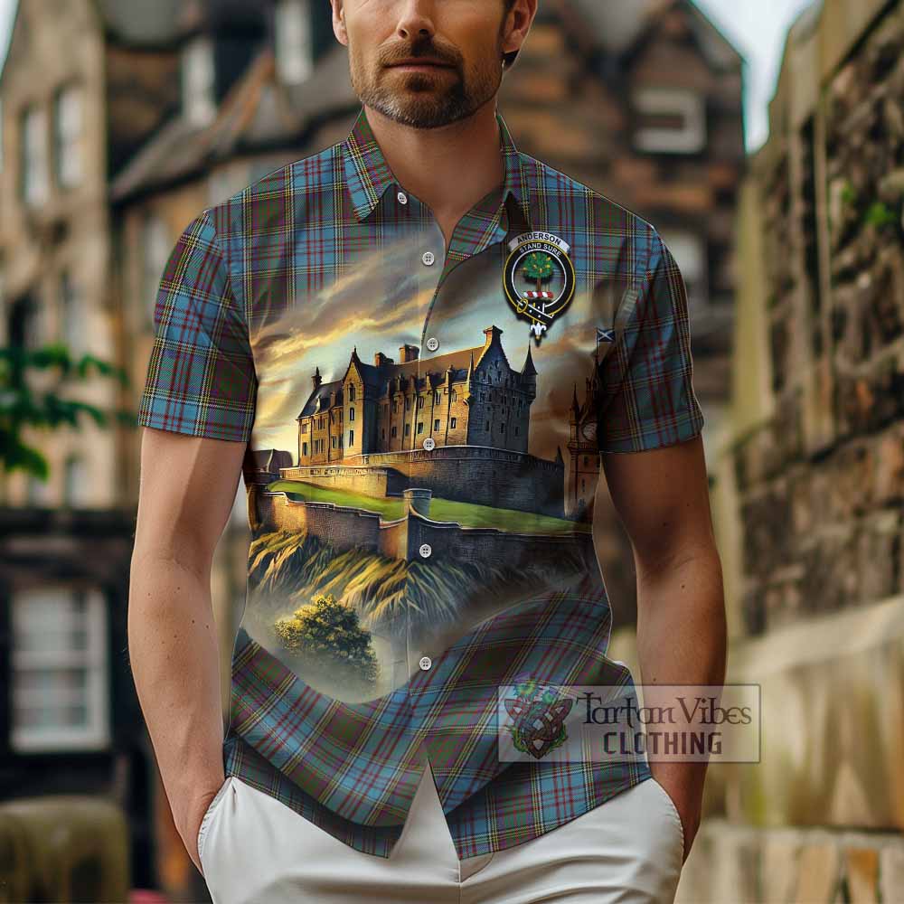 Tartan Vibes Clothing Anderson Tartan Family Crest Short Sleeve Button Shirt with Scottish Ancient Castle Style