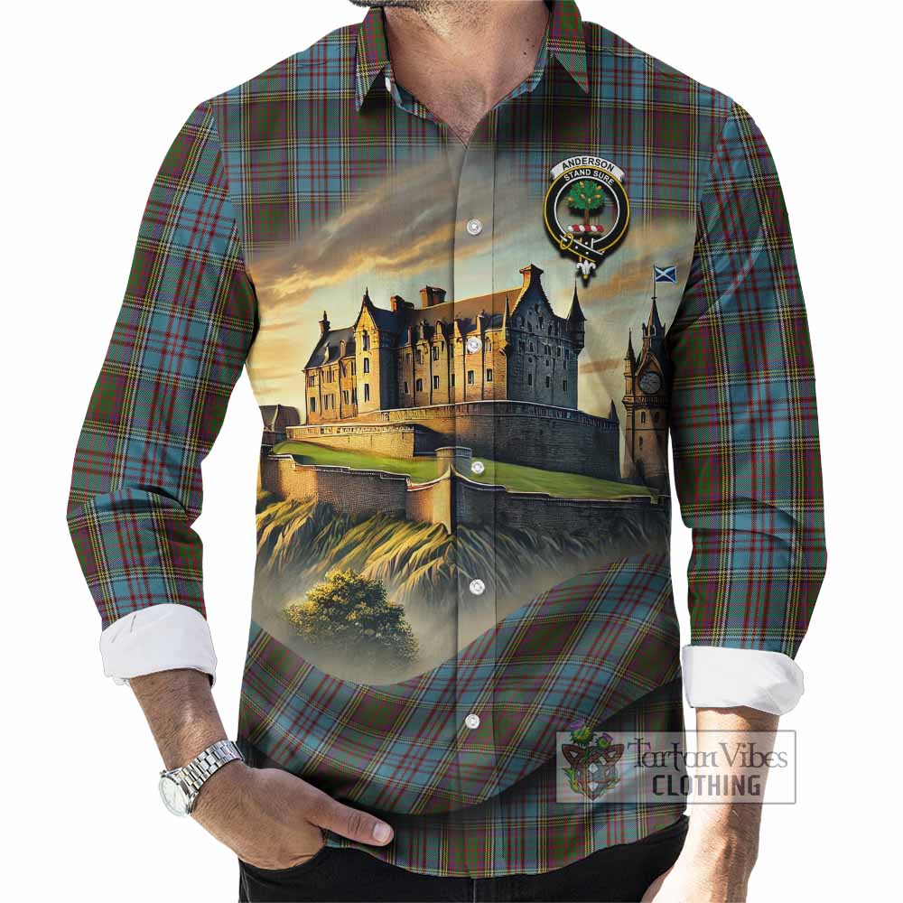 Tartan Vibes Clothing Anderson Tartan Family Crest Long Sleeve Button Shirt with Scottish Ancient Castle Style