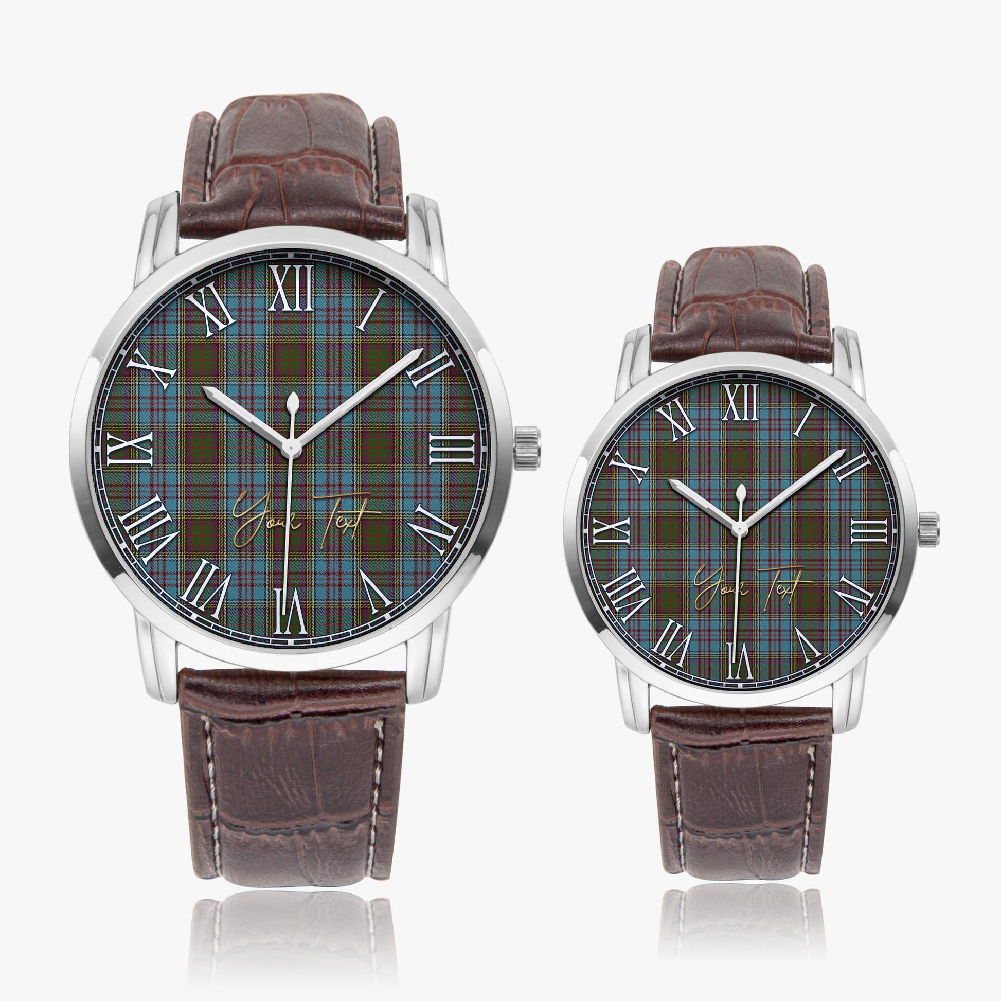 Anderson Tartan Personalized Your Text Leather Trap Quartz Watch Wide Type Silver Case With Brown Leather Strap - Tartanvibesclothing