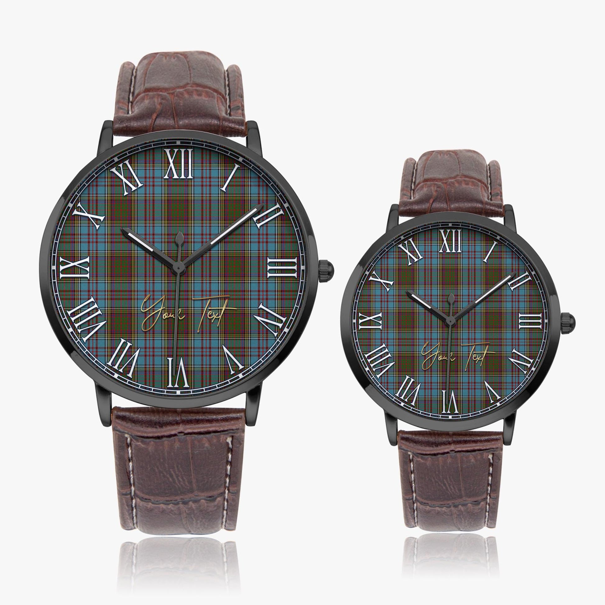Anderson Tartan Personalized Your Text Leather Trap Quartz Watch Ultra Thin Black Case With Brown Leather Strap - Tartanvibesclothing