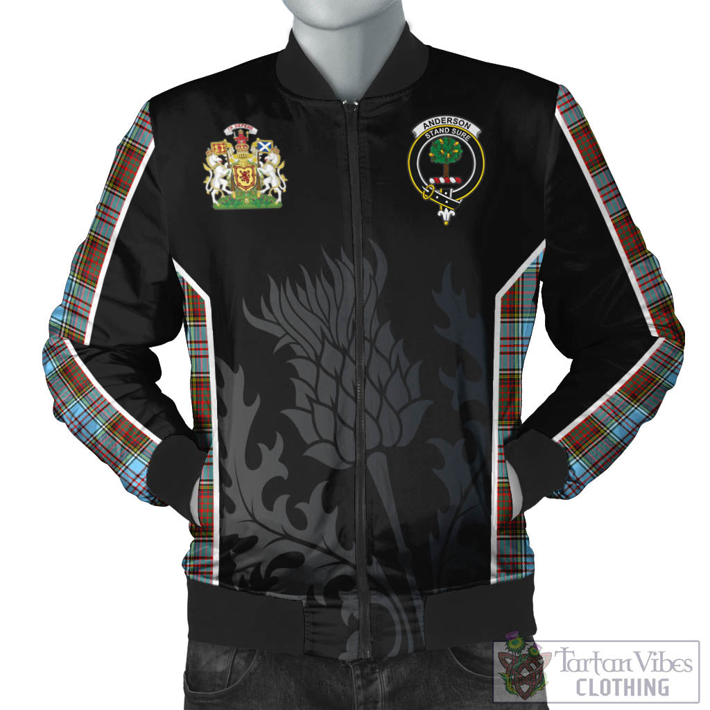 Tartan Vibes Clothing Anderson Ancient Tartan Bomber Jacket with Family Crest and Scottish Thistle Vibes Sport Style