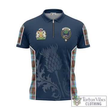 Anderson Ancient Tartan Zipper Polo Shirt with Family Crest and Scottish Thistle Vibes Sport Style