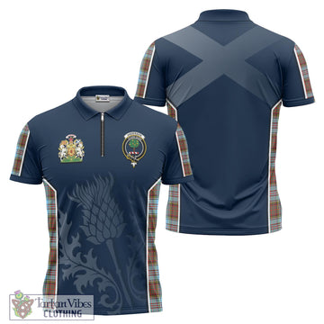 Anderson Ancient Tartan Zipper Polo Shirt with Family Crest and Scottish Thistle Vibes Sport Style
