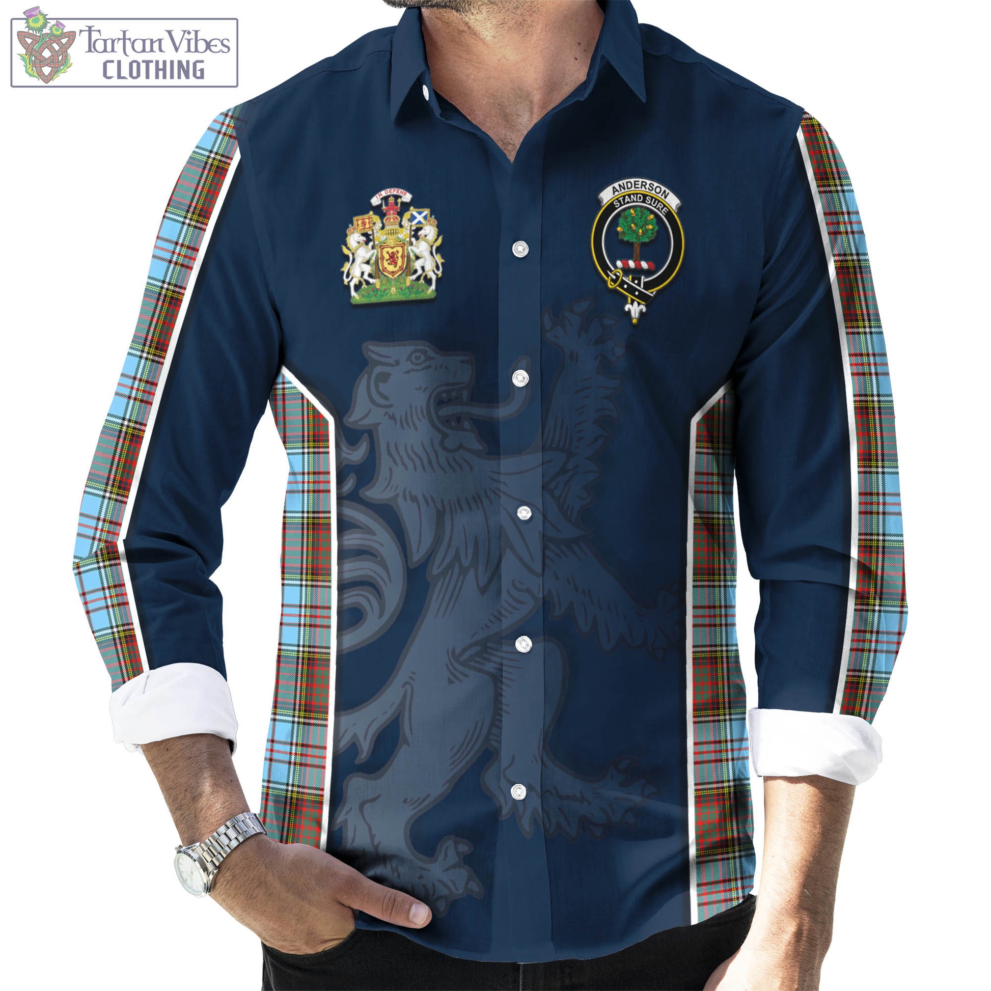Tartan Vibes Clothing Anderson Ancient Tartan Long Sleeve Button Up Shirt with Family Crest and Lion Rampant Vibes Sport Style