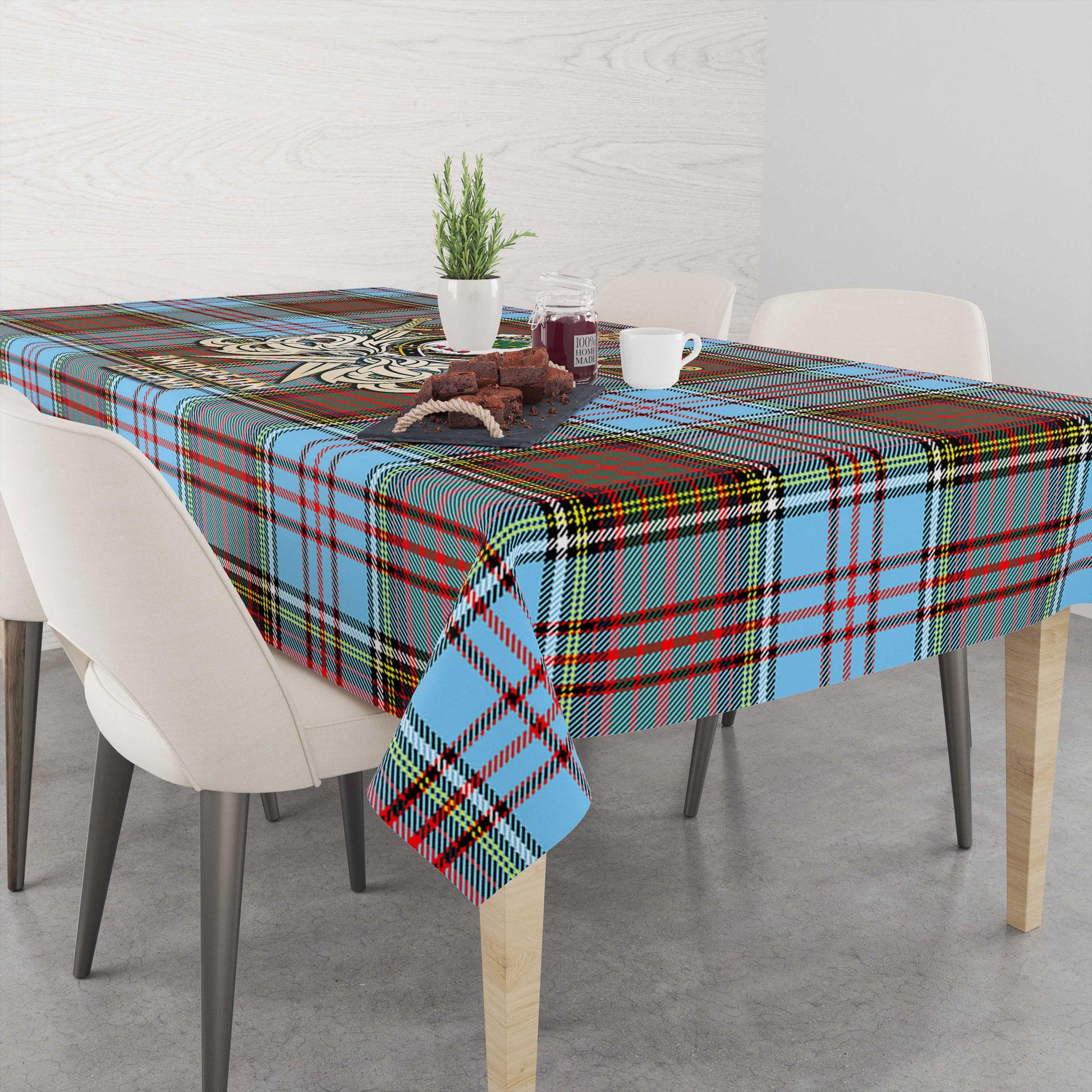 Tartan Vibes Clothing Anderson Ancient Tartan Tablecloth with Clan Crest and the Golden Sword of Courageous Legacy