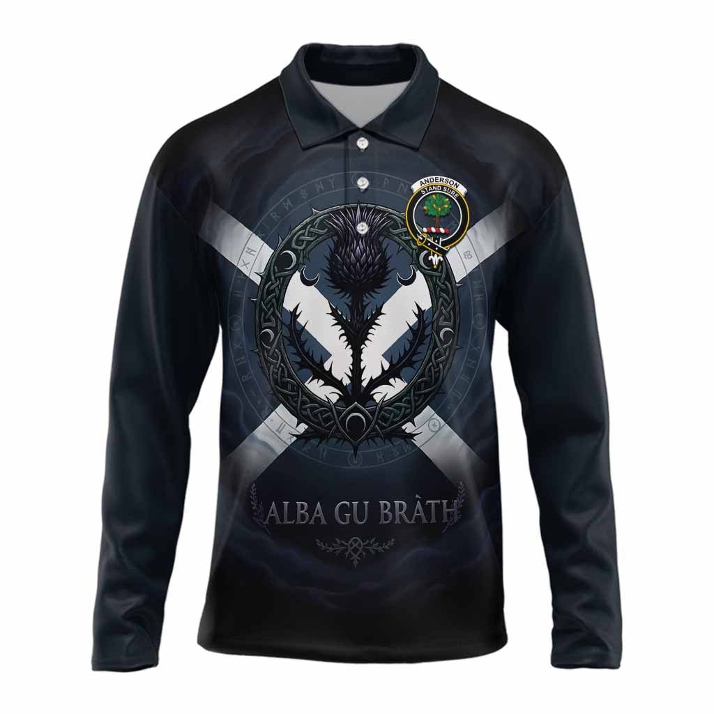 Anderson Clan Crest Long Sleeve Polo Shirt with Celtic Knot Thistle and Saltire
