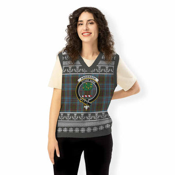 Anderson Clan Tartan Christmas Knitted V-Neck Vest with Family Crest