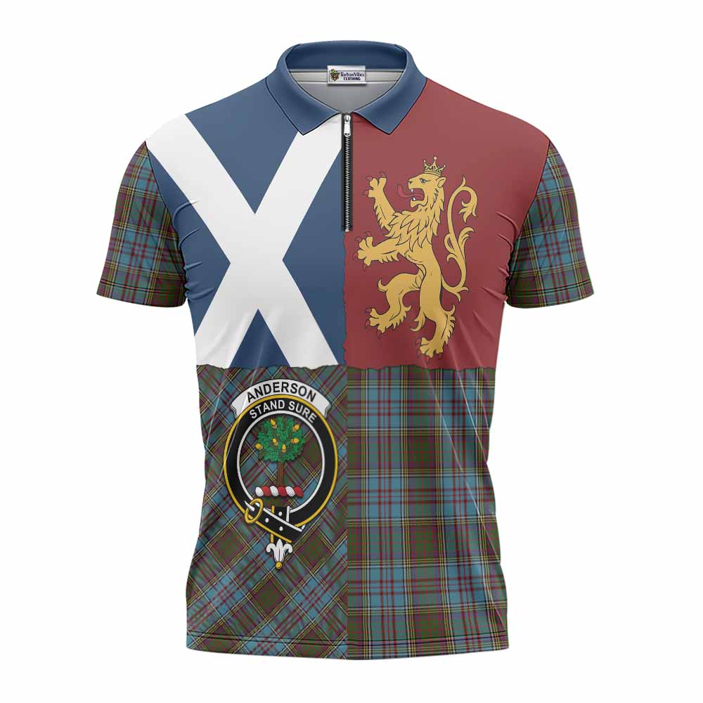 Anderson Crest Tartan Zipper Polo Shirt with Lion Rampant Saltire Style