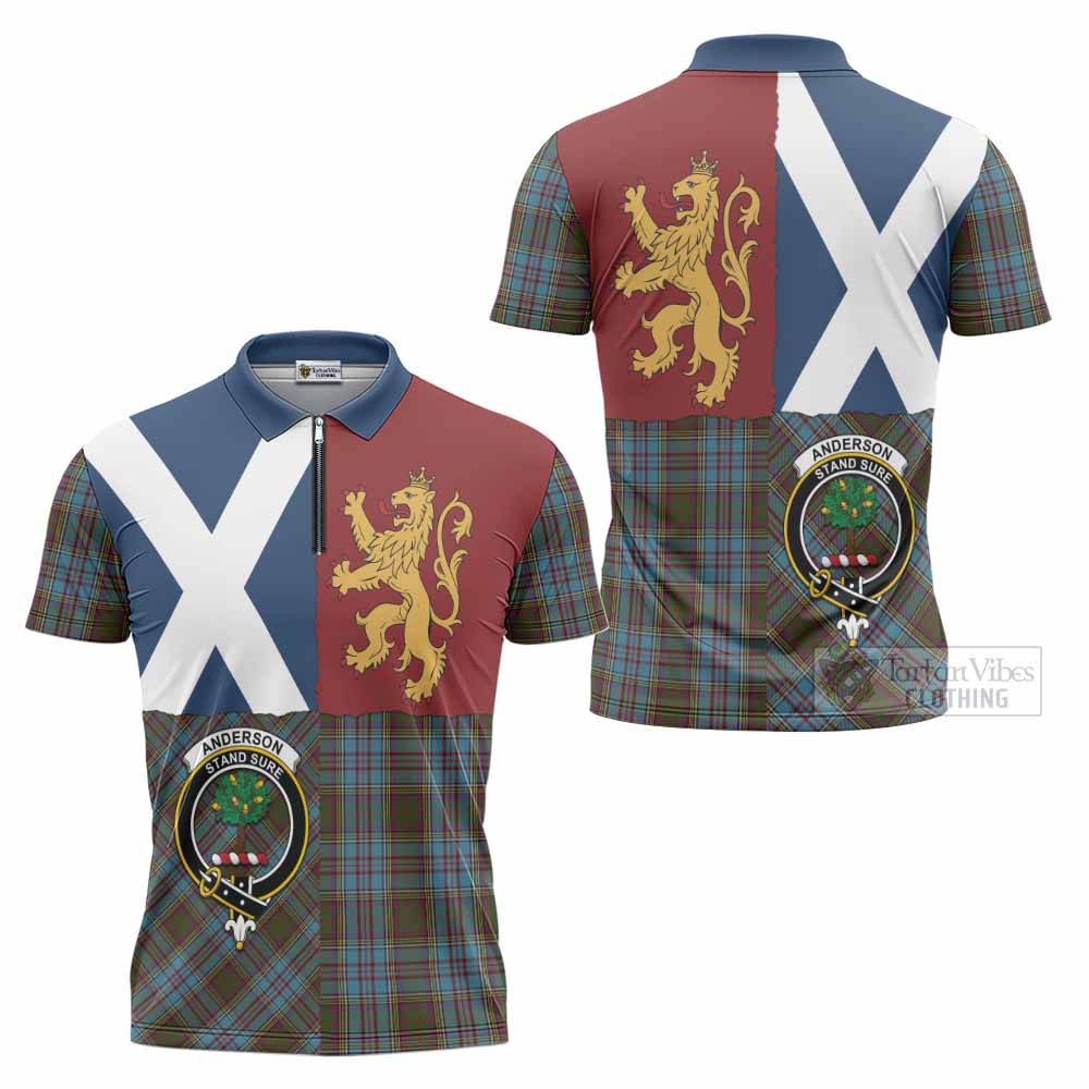 Anderson Crest Tartan Zipper Polo Shirt with Lion Rampant Saltire Style