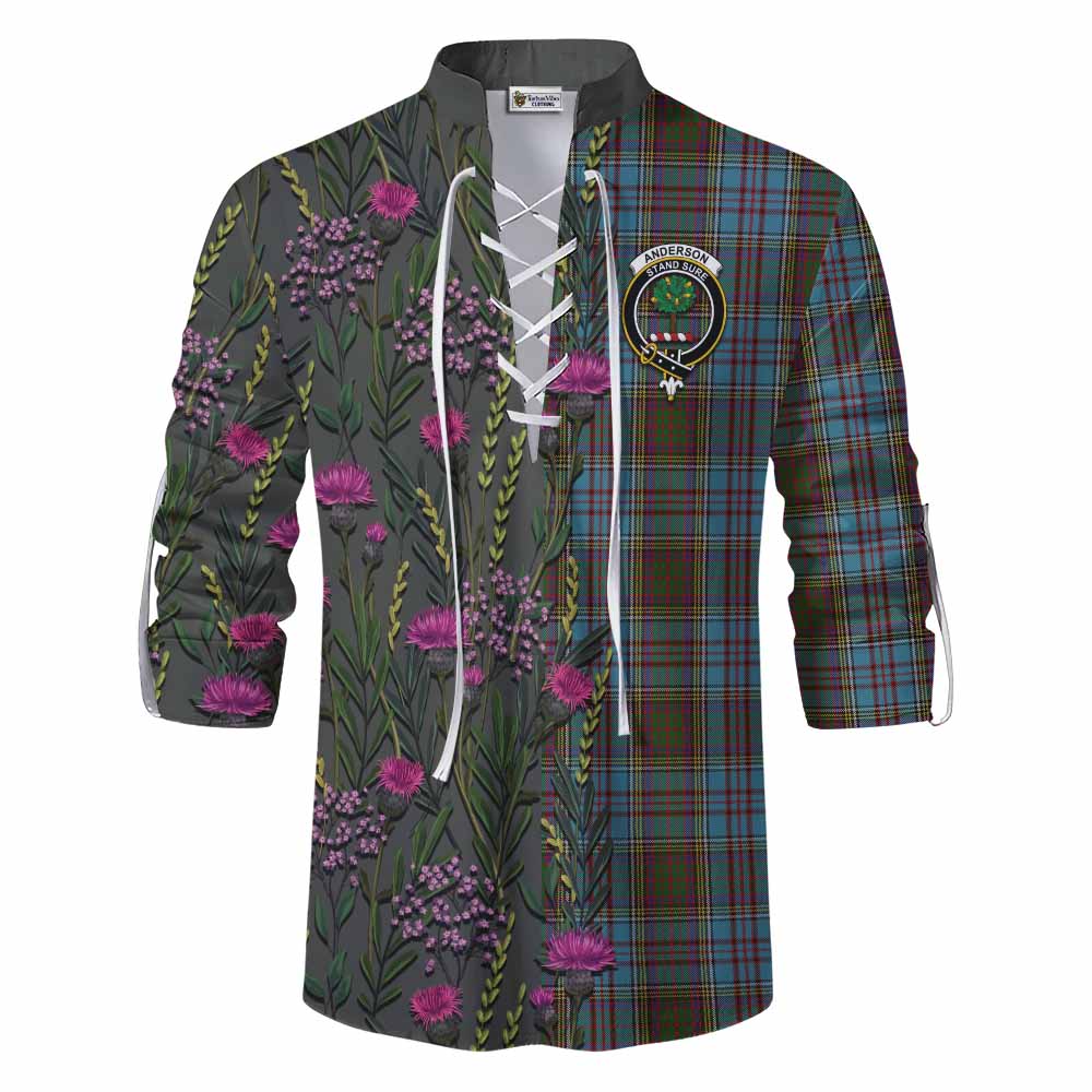 Anderson Family Crest Tartan Ghillie Shirt Scottish Thistle Flower Pattern Half Style - Tartan Vibes Clothing