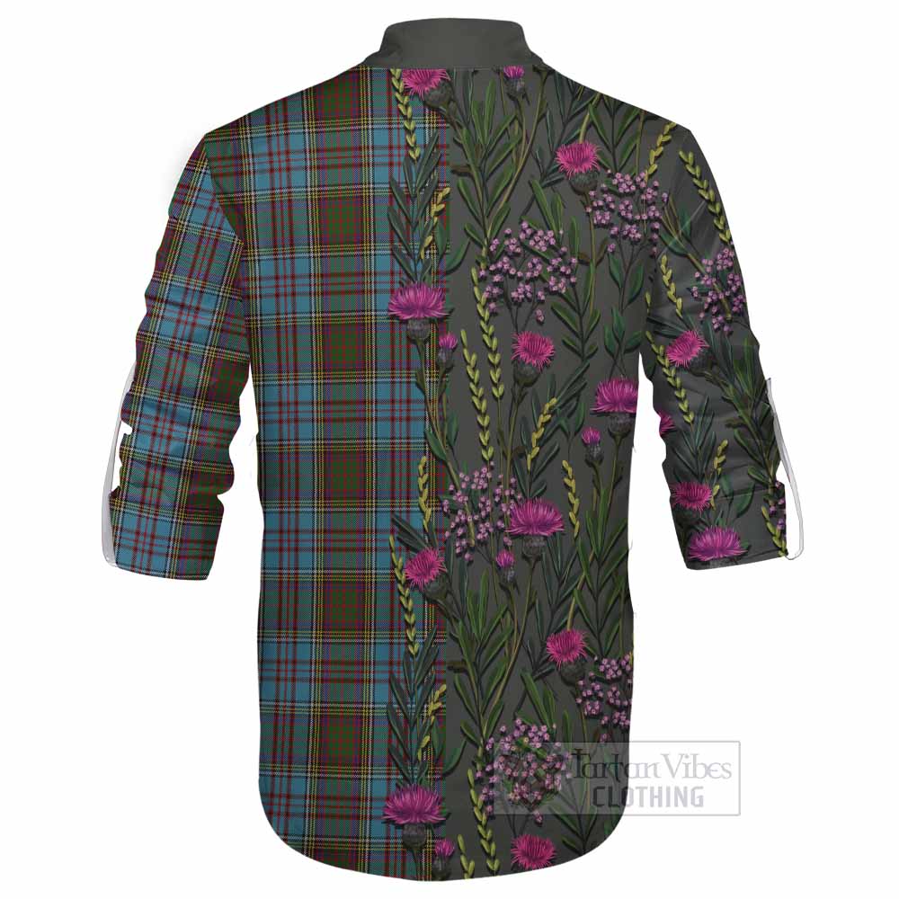 Anderson Family Crest Tartan Ghillie Shirt Scottish Thistle Flower Pattern Half Style - Tartan Vibes Clothing